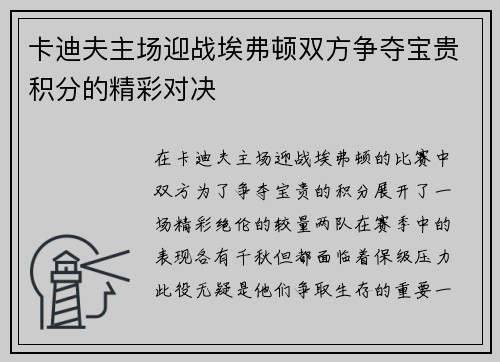 卡迪夫主场迎战埃弗顿双方争夺宝贵积分的精彩对决